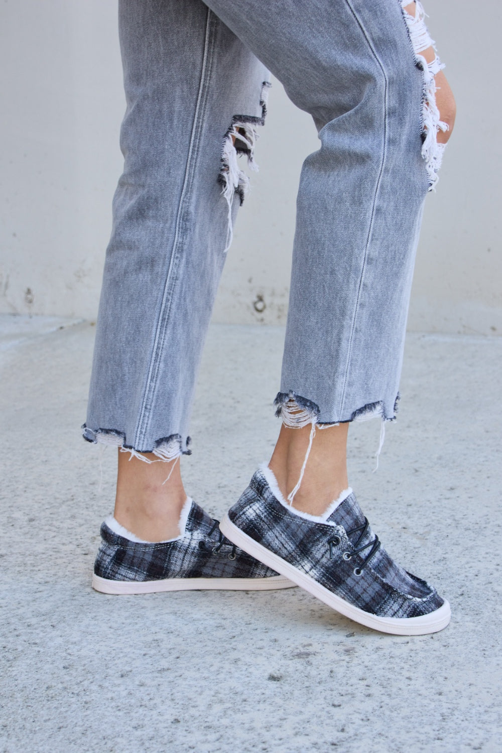 Forever Link Plaid Plush Flat Sneakers  Trendsi   