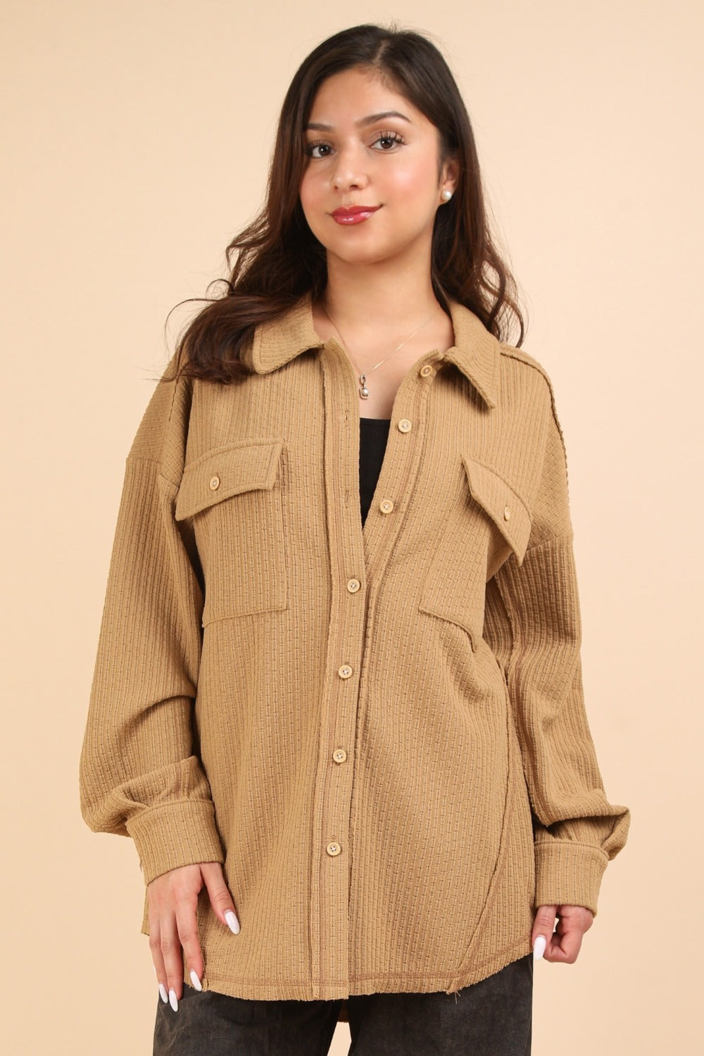 VERY J Button Down Textured Knit Shacket Luxe Trendsi Mocha S 