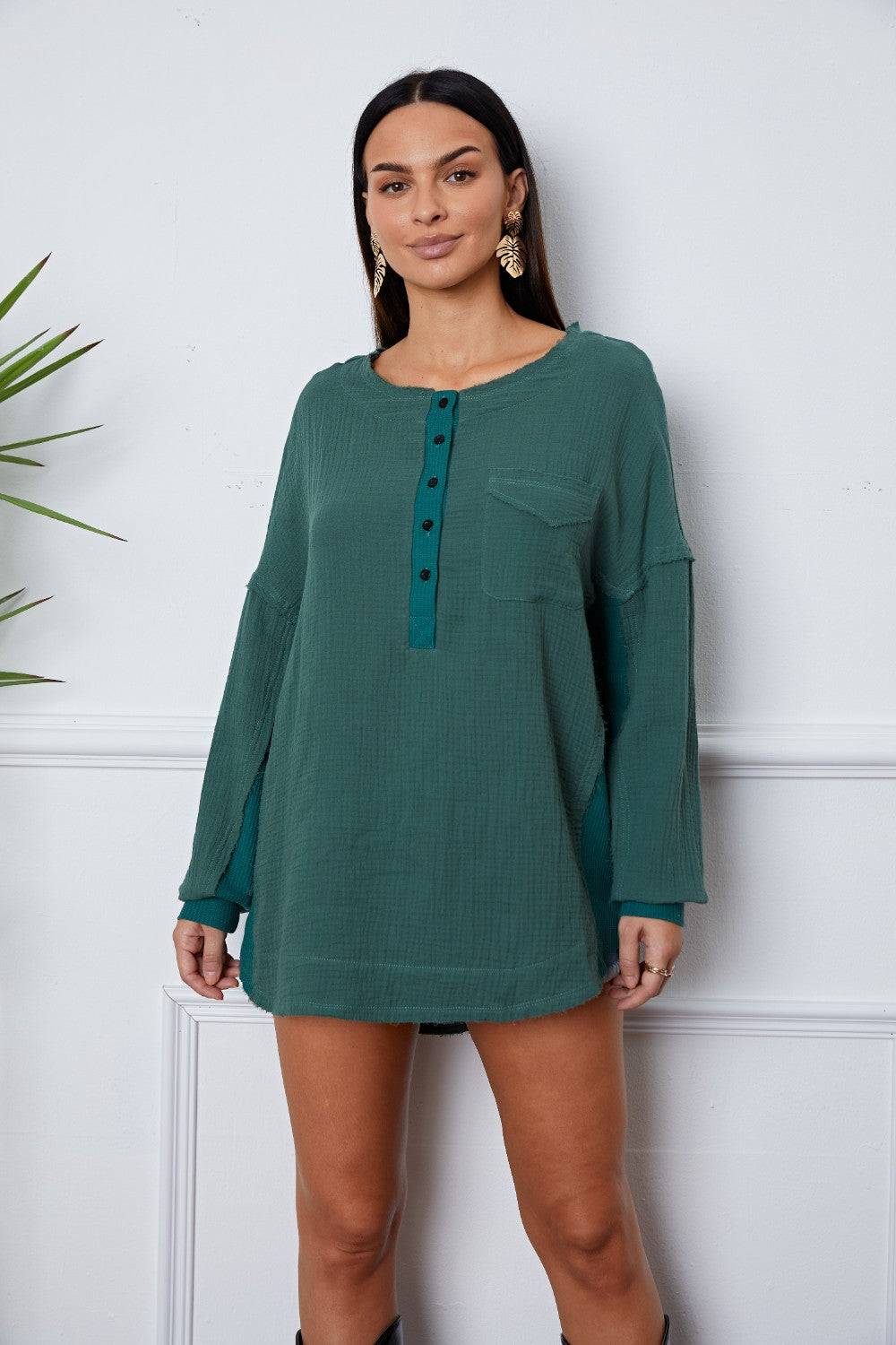 Half Button Up Round Neck Blouse Blouse Trendsi Dark Green S 