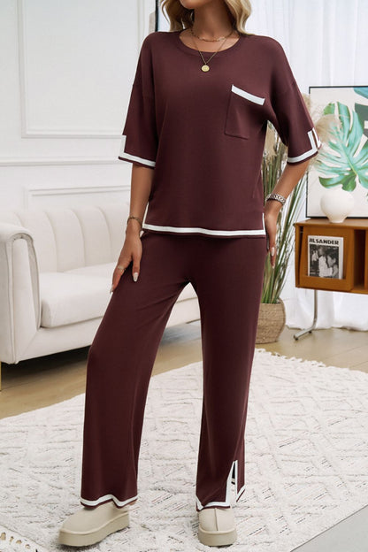 Devine Contrast Trim Half Sleeve Top and Pants Set  Trendsi   