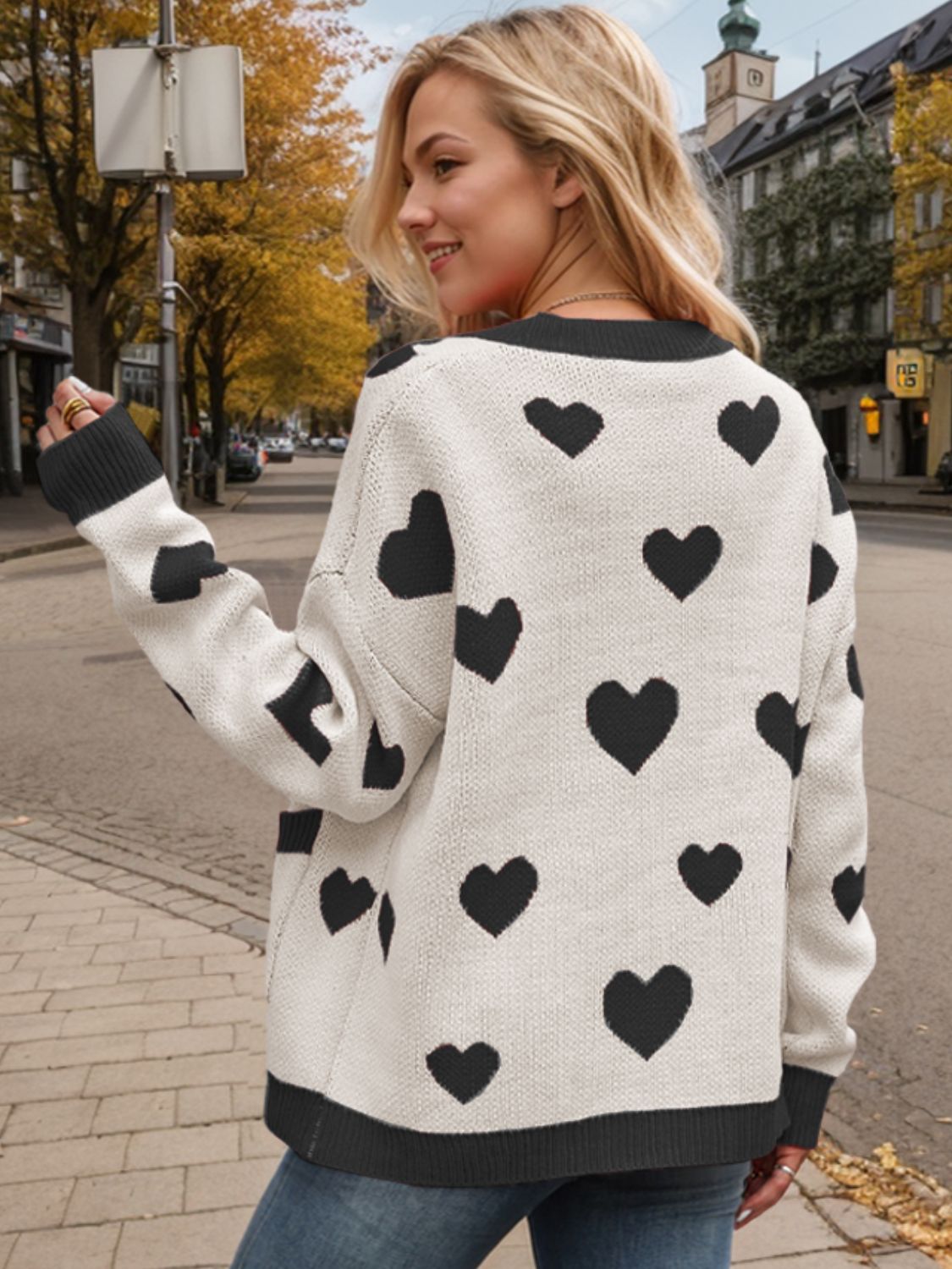 Heart Button Up Dropped Shoulder Long Sleeve Cardigan  Trendsi   