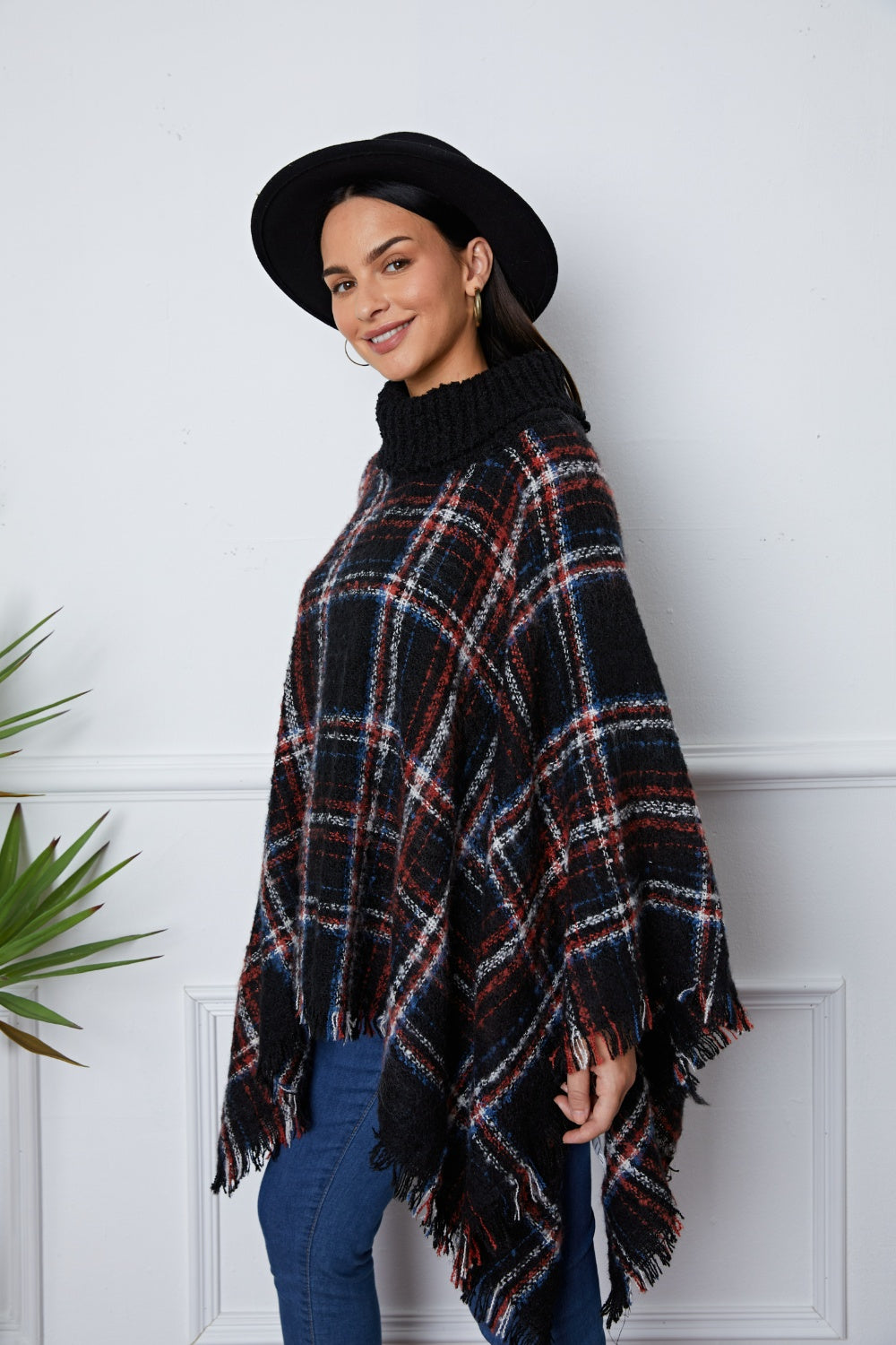 Shiny Turtleneck Plaid Raw Hem Sweater  Trendsi   