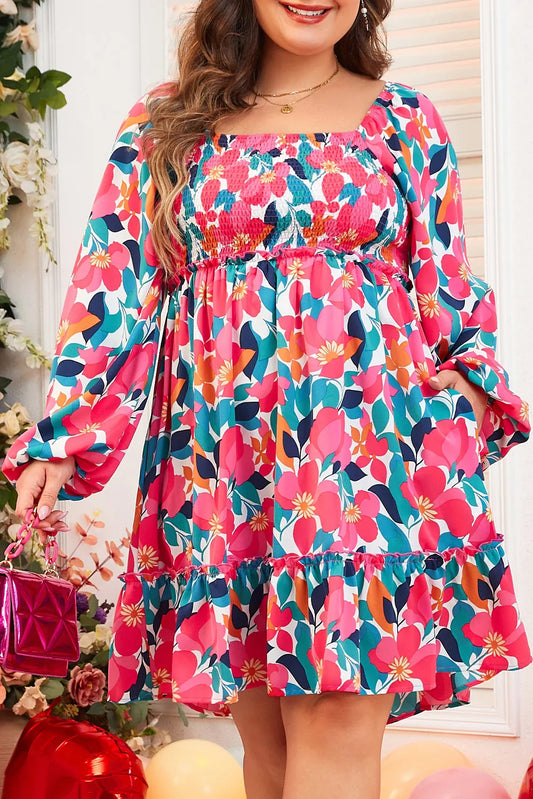 Plus Size Smocked Floral Square Neck Balloon Sleeve Dress  Trendsi Floral 1XL 