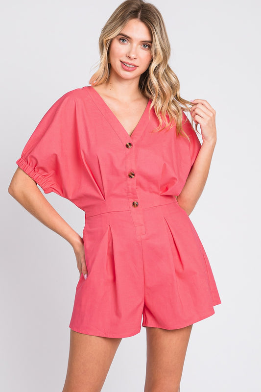 GeeGee Half Button V-Neck Linen Romper  Trendsi Pink S 