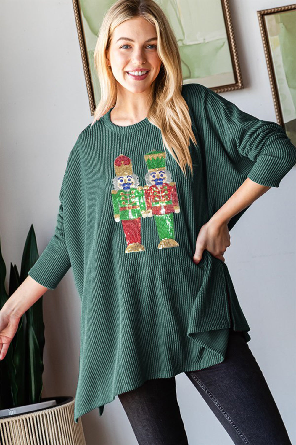 Heimish Sequin Nutcracker Long Sleeve Ribbed Top  Trendsi Hunter Green S 