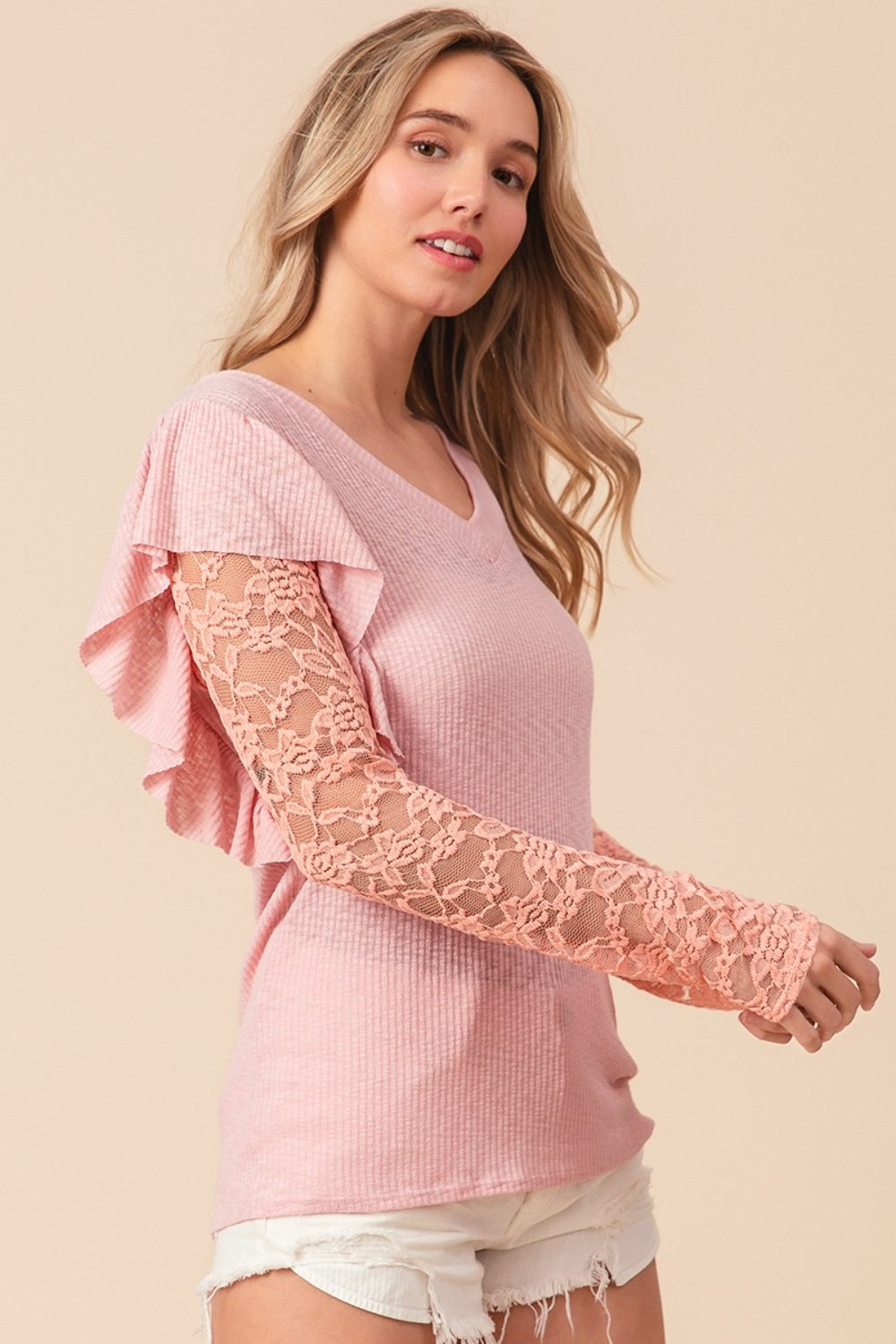 BiBi Ruffled Lace Sleeve Rib Knit Top  Trendsi   