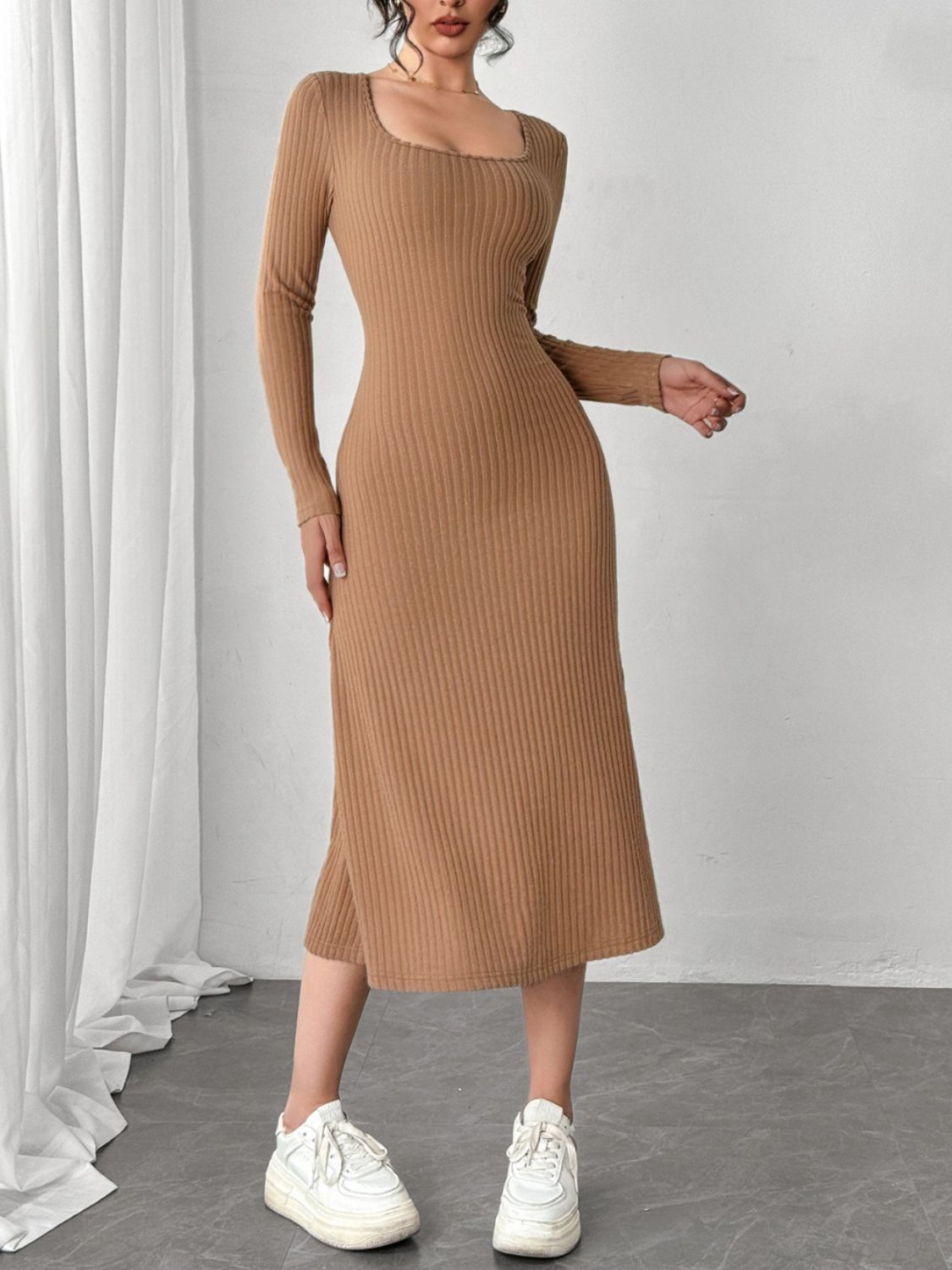 Square Neck Long Sleeve Midi Wrap Dress  Trendsi   