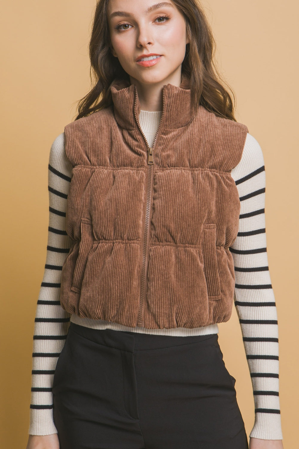 Love Tree Corduroy Zip Up Puffer Vest with Pockets  Trendsi   