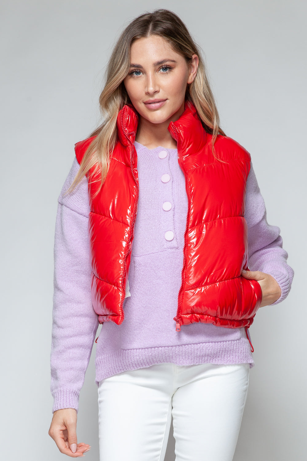 Snobbish Zip Up Turtleneck Shiny Quilted Vest  Trendsi   