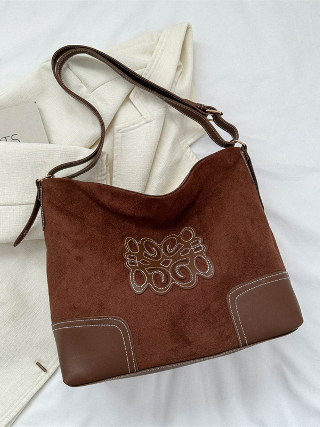 Suede Patch Adjustable Strap Tote Bag  Trendsi Dark Brown One Size 