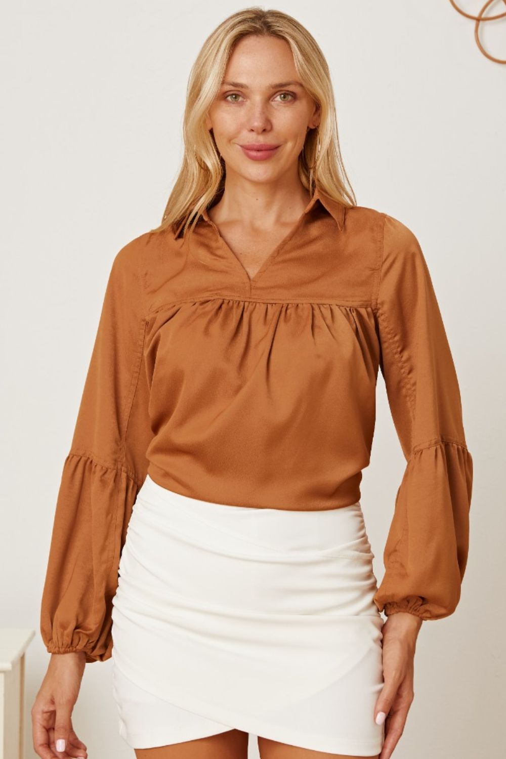 Balloon Sleeve Collared Neck Blouse Blouse Trendsi Khaki S 