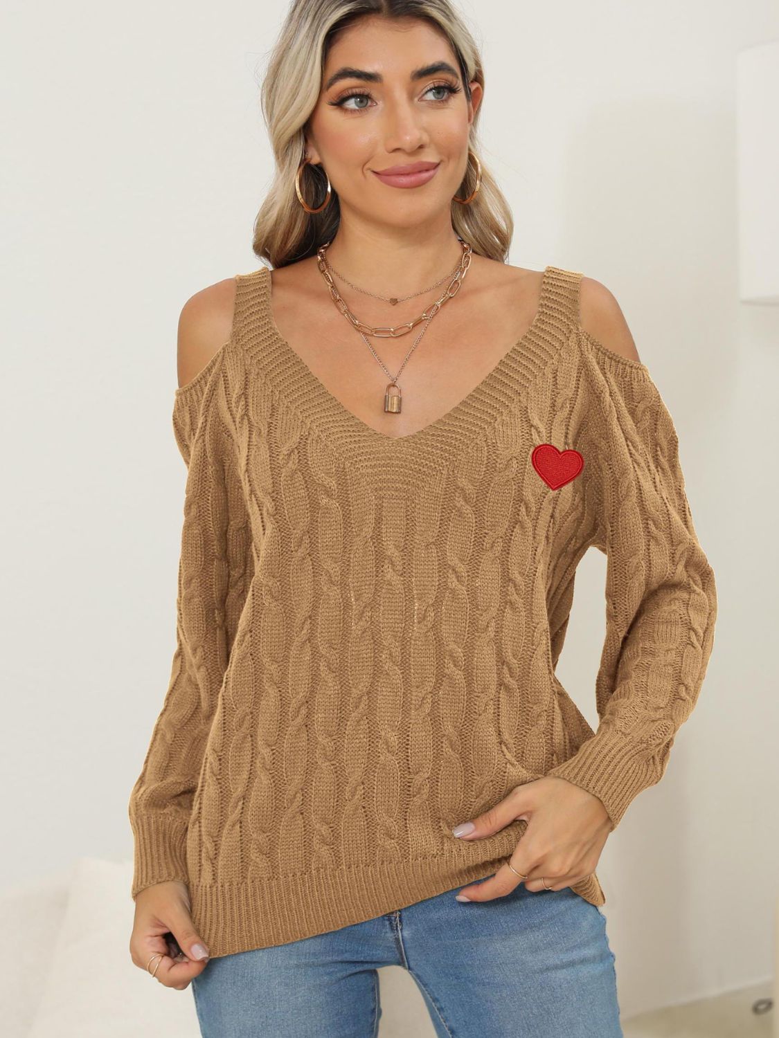 Cable-Knit Heart V-Neck Sweater  Trendsi   