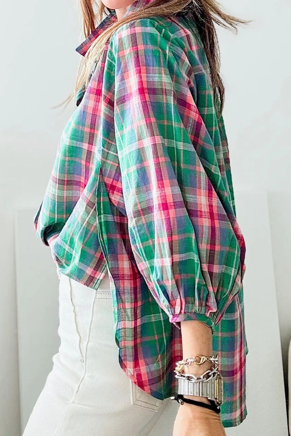 Plaid Collared Neck Three-Quarter Sleeve Blouse Blouse Trendsi   