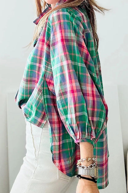 Plaid Collared Neck Three-Quarter Sleeve Blouse Blouse Trendsi   