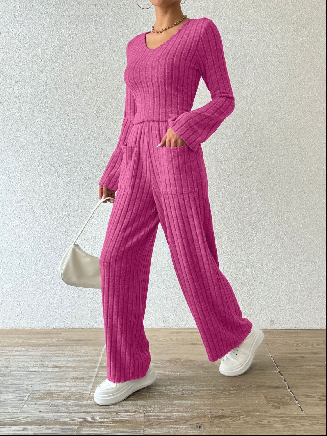 Ribbed V-Neck Long Sleeve Top and Pocketed Pants Set  Trendsi   