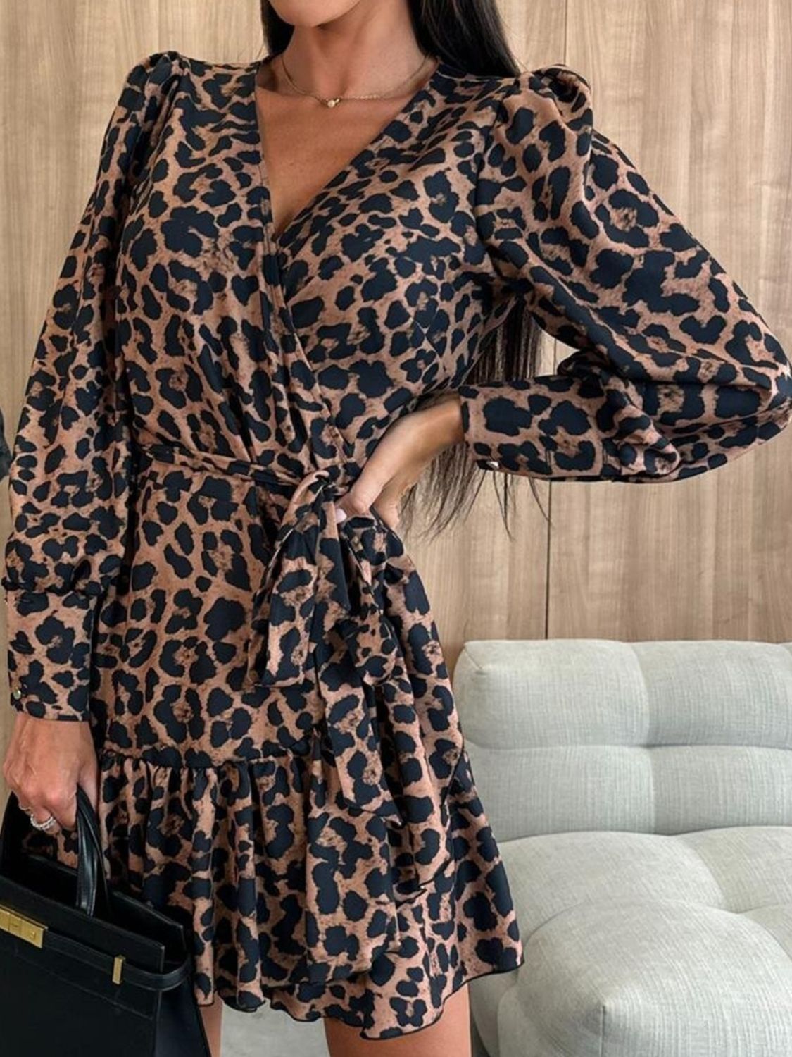 Tied Leopard Surplice Long Sleeve Dress  Trendsi   