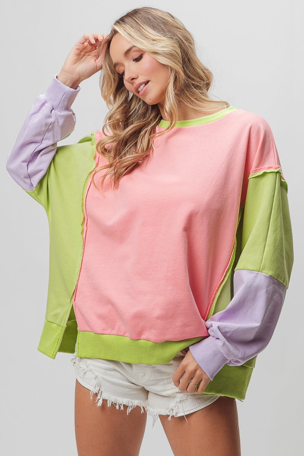 BiBi Washed Color Block Sweatshirt  Trendsi   