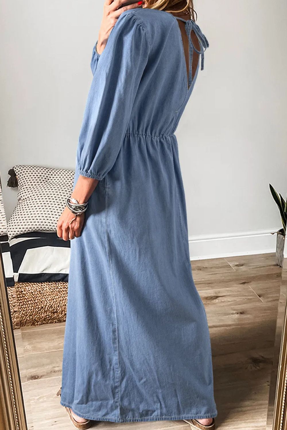 Tied Plunge Three-Quarter Sleeve Denim Dress  Trendsi   