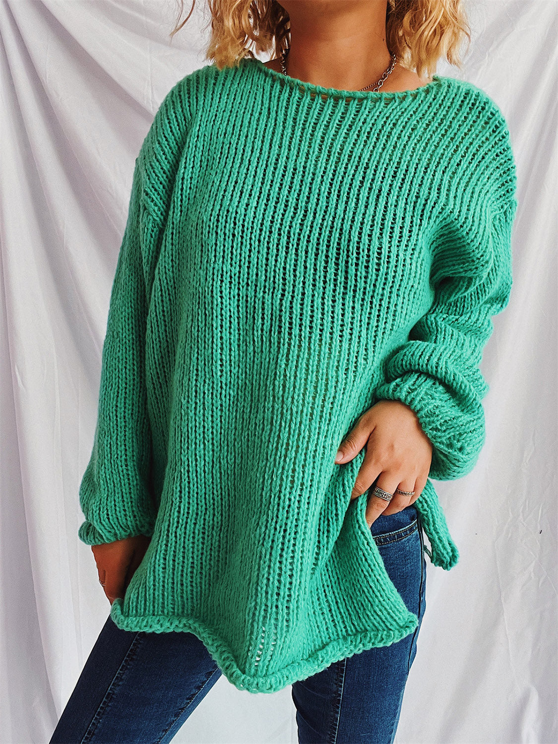 Boat Neck Dropped Shoulder Sweater  Trendsi Turquoise One Size 