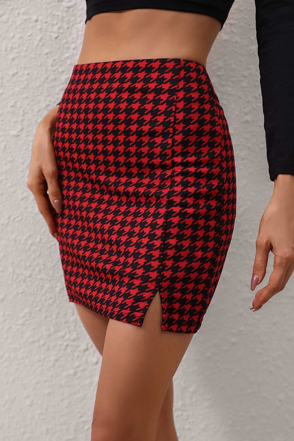 Honey Houndstooth Slit Mini Skirt