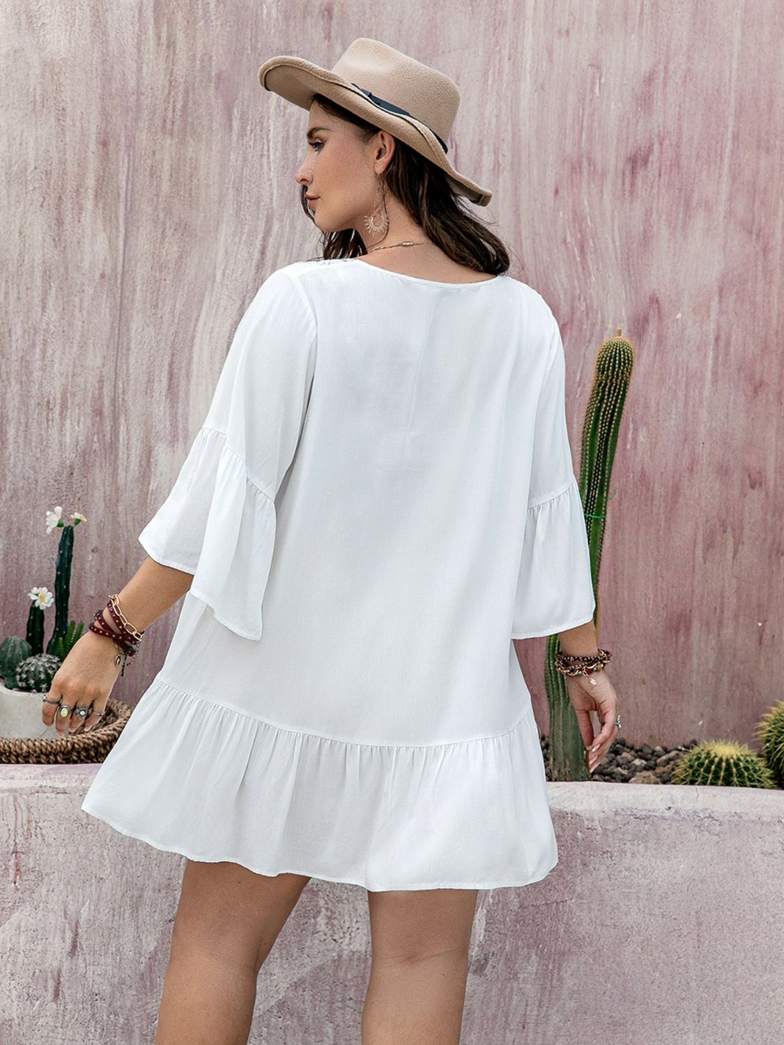 Plus Size Lace Detail Tie Neck Three-Quarter Sleeve Mini Dress Dress Trendsi   