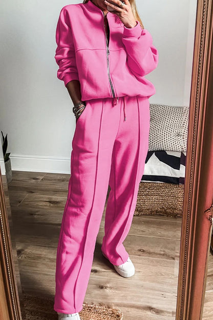 Zip Up Long Sleeve Top and Pants Set  Trendsi Fuchsia Pink S 