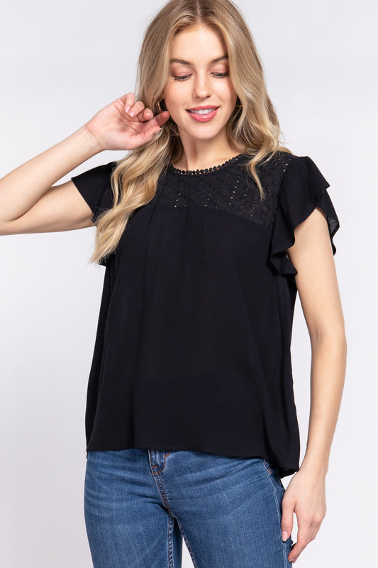 ACTIVE BASIC Ruffle Short Sleeve Crochet Blouse Blouse Trendsi Black S 