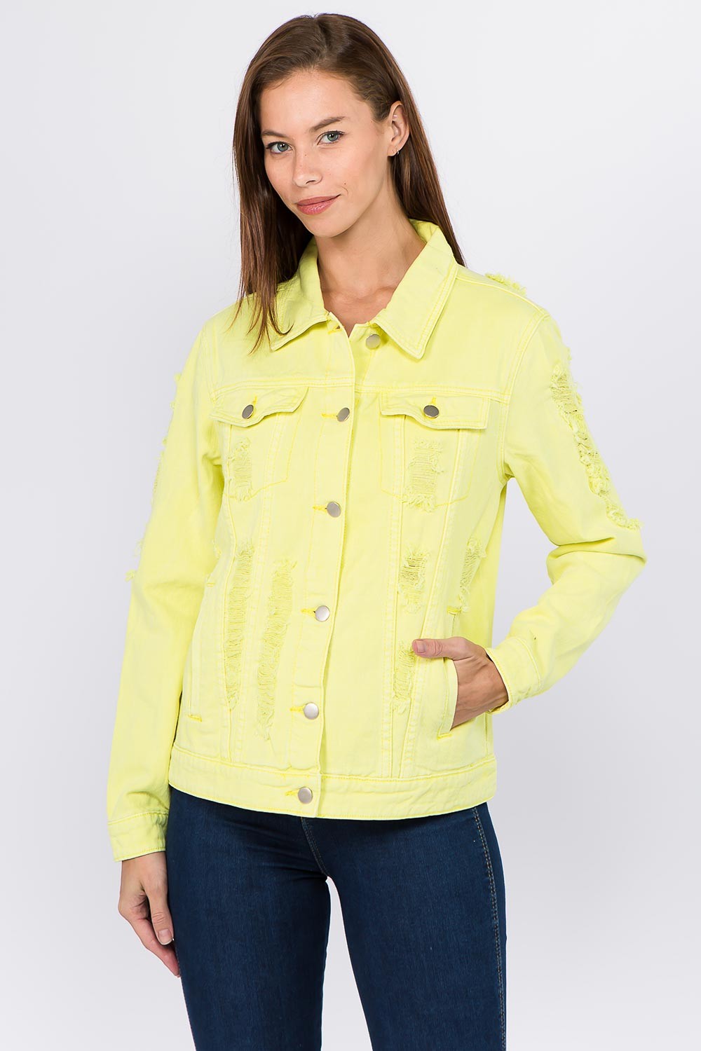 American Bazi Distressed Back Button Down Denim Jacket  Trendsi Lime/Neon Yellow S 