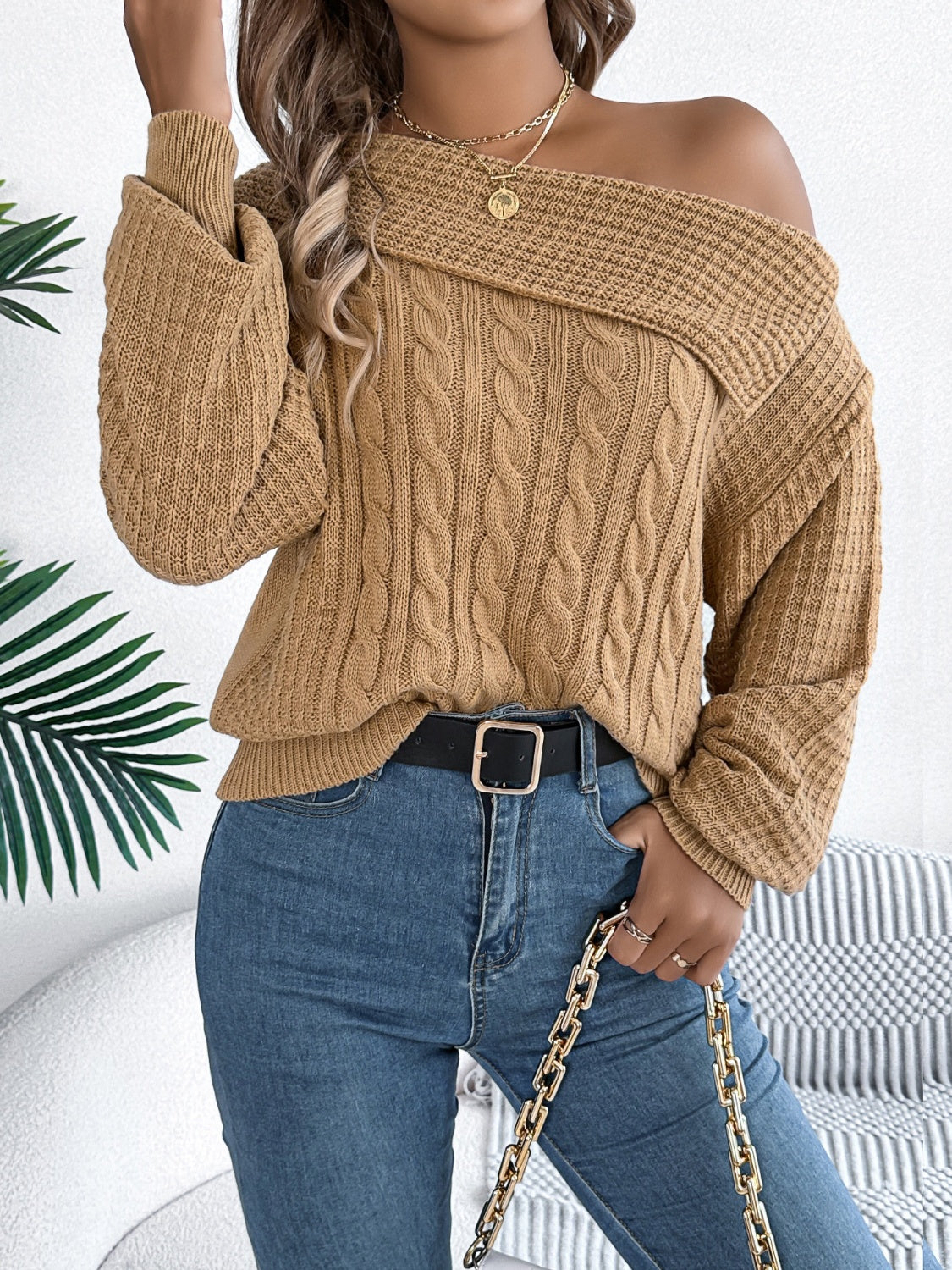 Cable-Knit One Shoulder Long Sleeve Sweater  Trendsi   