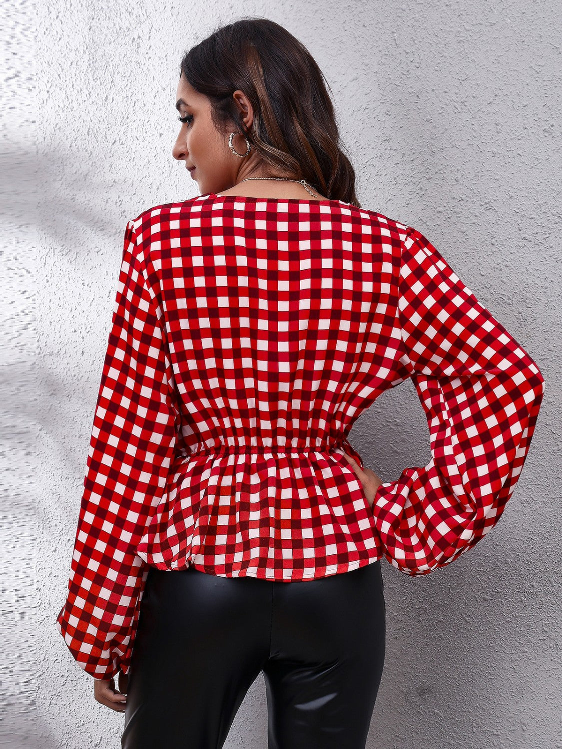 Plaid V-Neck Balloon Sleeve Peplum Blouse Blouse Trendsi   