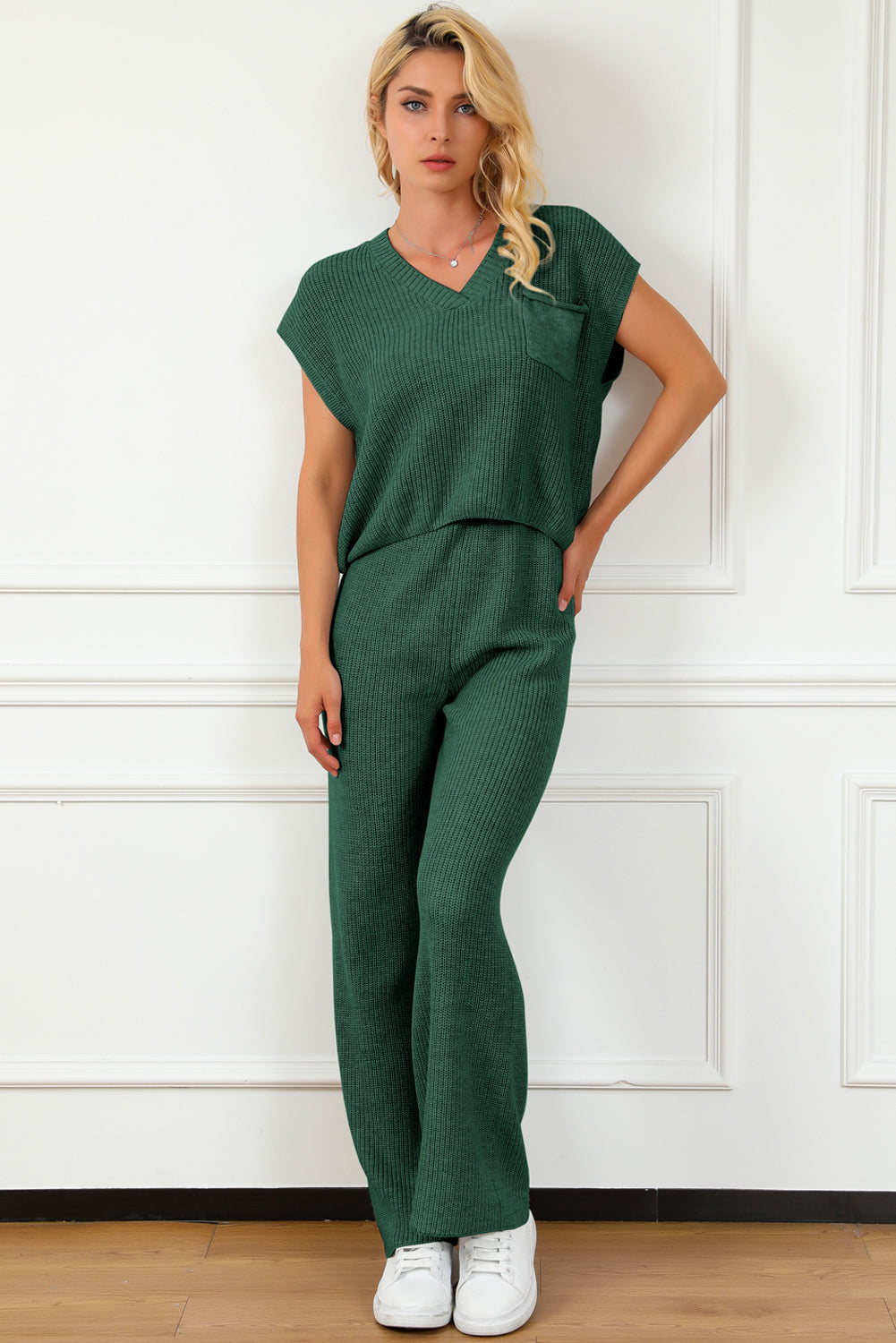 Pocketed V-Neck Top and Wide Leg Sweater Set Jumpsuit Trendsi   