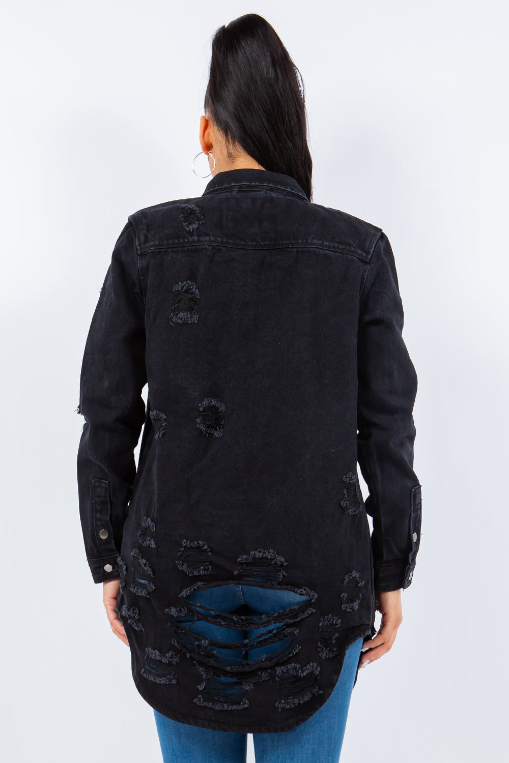 American Bazi Distressed Button Up Long Sleeve Denim Jacket  Trendsi   