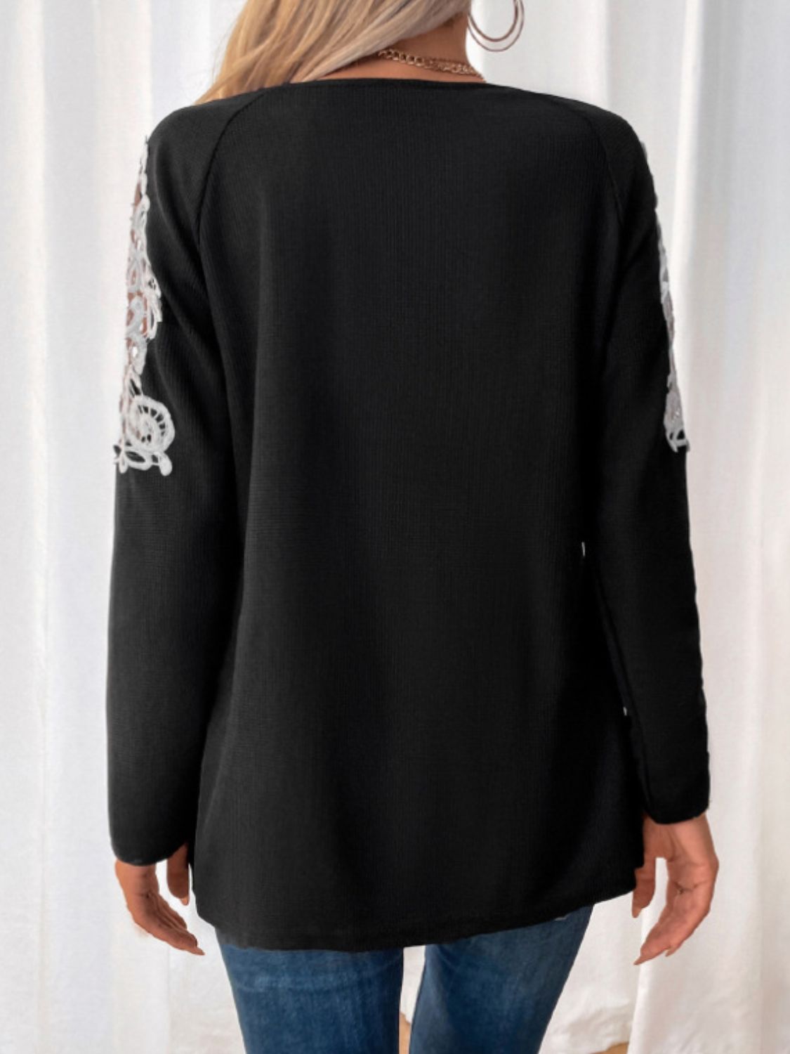 Perfee Lace Detail Quarter Zip Long Sleeve Top T-Shirt Trendsi   