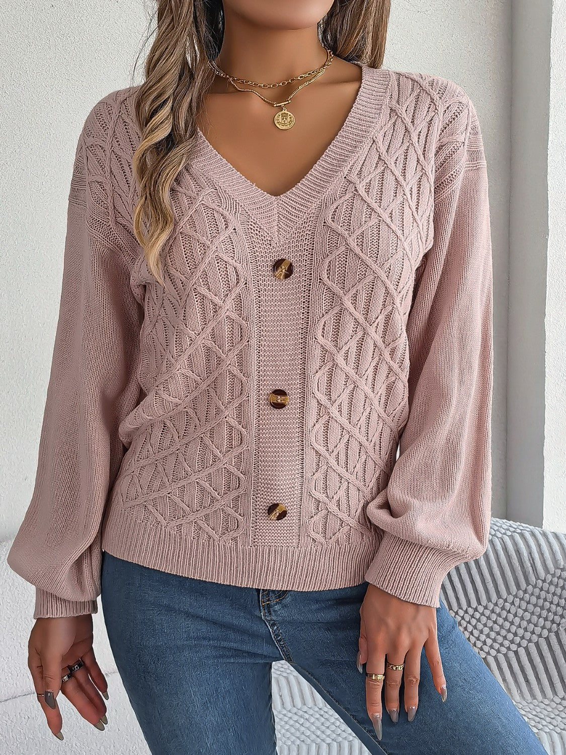 Cable-Knit V-Neck Lantern Sleeve Sweater  Trendsi Blush Pink S 