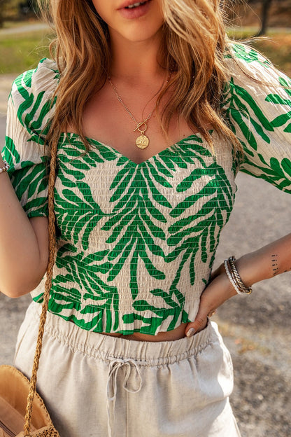 Smocked Printed Short Sleeve Blouse Blouse Trendsi   