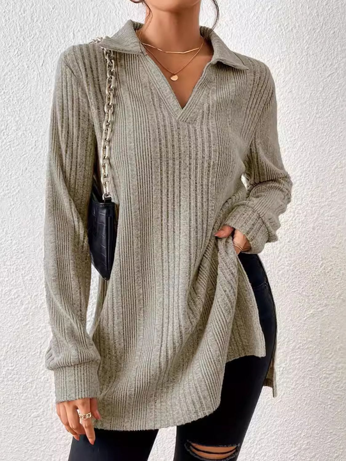 Slit Johnny Collar Long Sleeve Top Blouse Trendsi Khaki S 