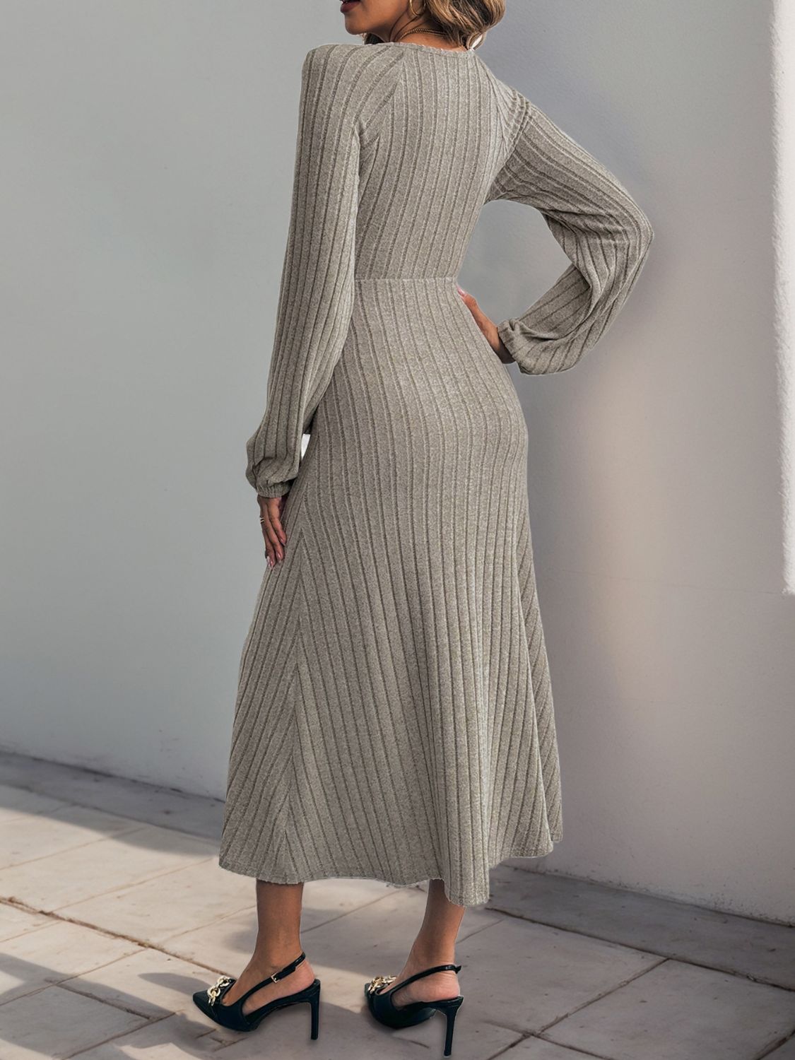 Perfee Ribbed Tied Surplice Long Sleeve Dress  Trendsi   