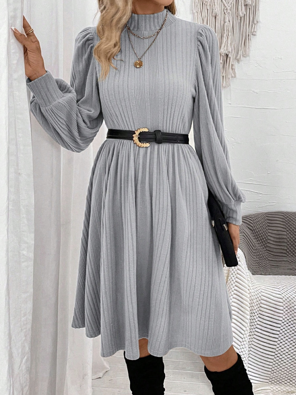 Textured Turtleneck Long Sleeve Dress  Trendsi   