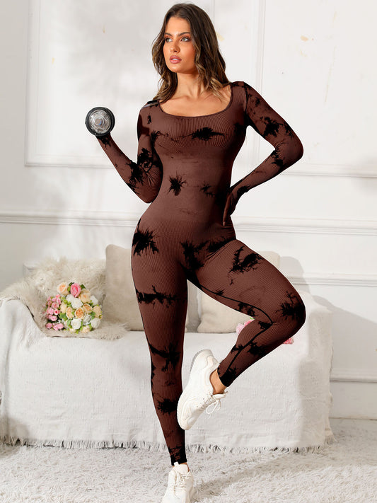 Scoop Neck Long Sleeve Active Jumpsuit  Trendsi Dark Brown S 