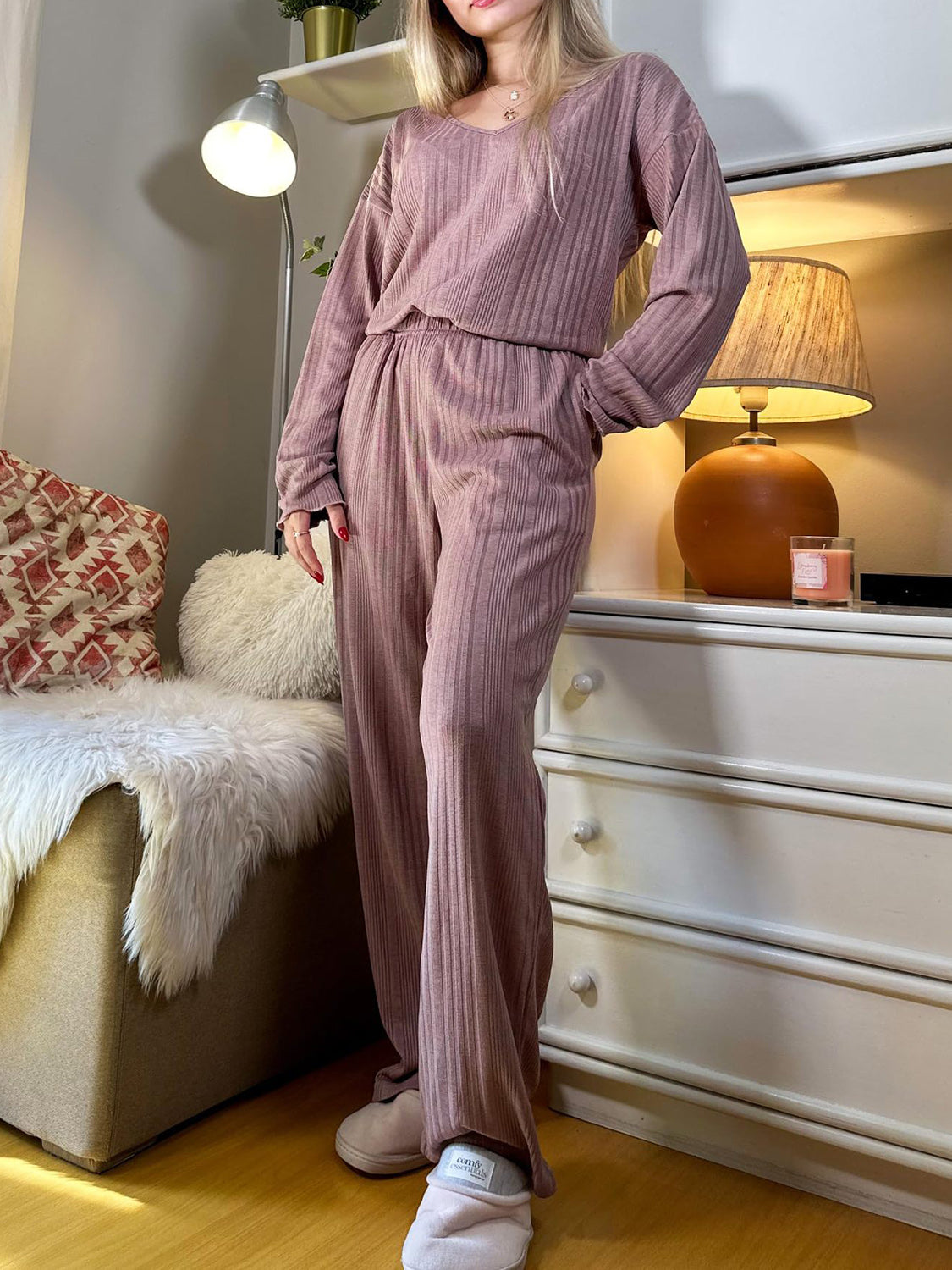 V-Neck Long Sleeve Top and Pants Set  Trendsi Mauve S 