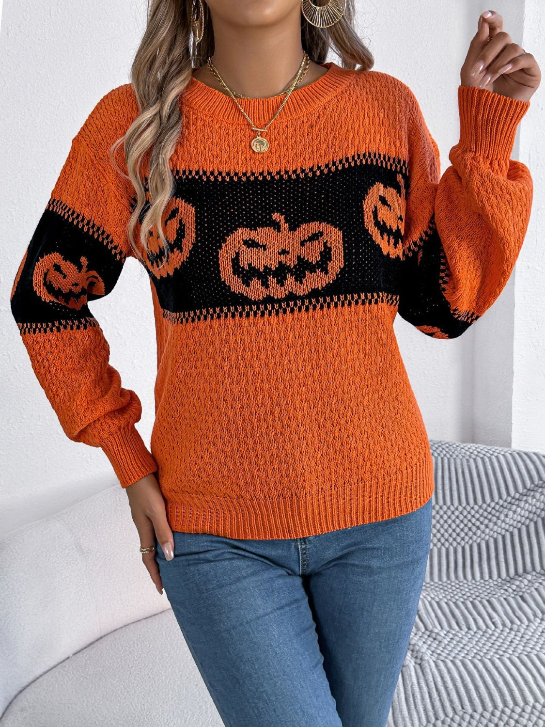 Pumpkin Round Neck Long Sleeve Sweater  Trendsi   