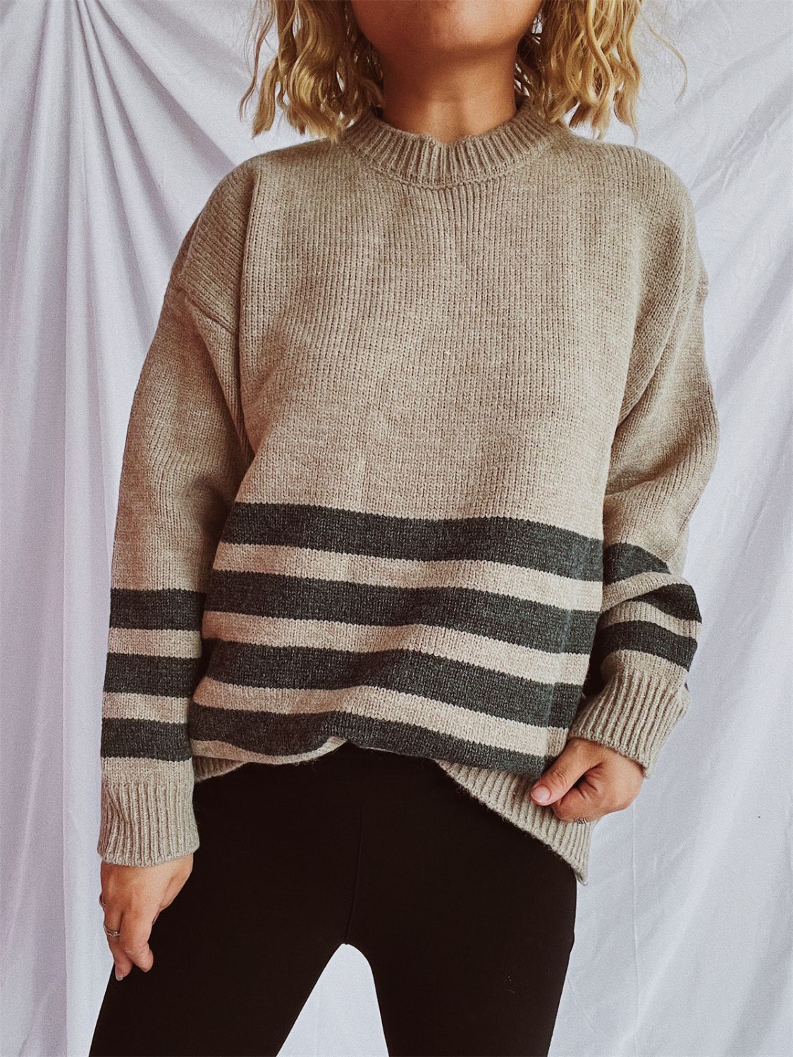 Striped Dropped Shoulder Long Sleeve Sweater  Trendsi Mocha One Size 