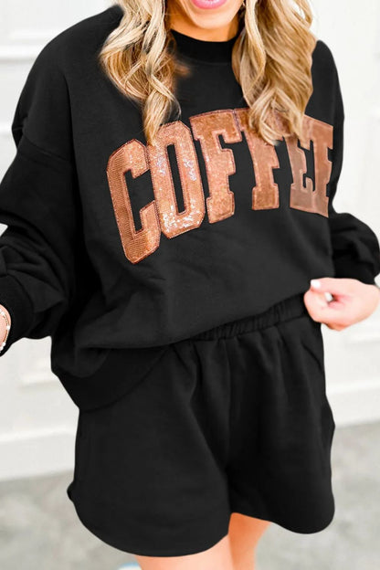 COFFEE Sequin Round Neck Long Sleeve Top and Shorts Set  Trendsi Black S 