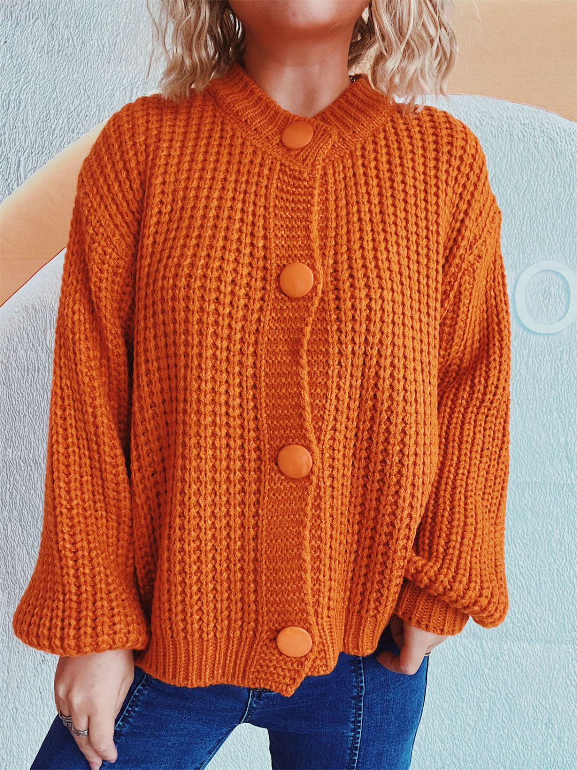 Button Up Long Sleeve Cardigan  Trendsi Tangerine One Size 