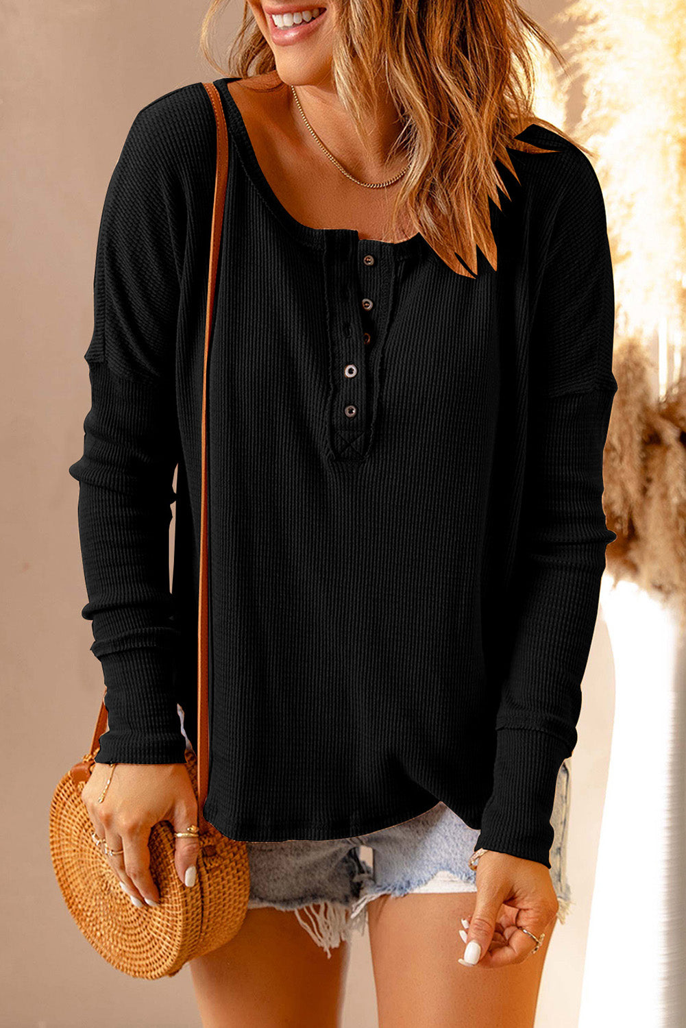 Double Take Full Size Half Button Drop Shoulder T-Shirt  Trendsi Black S 