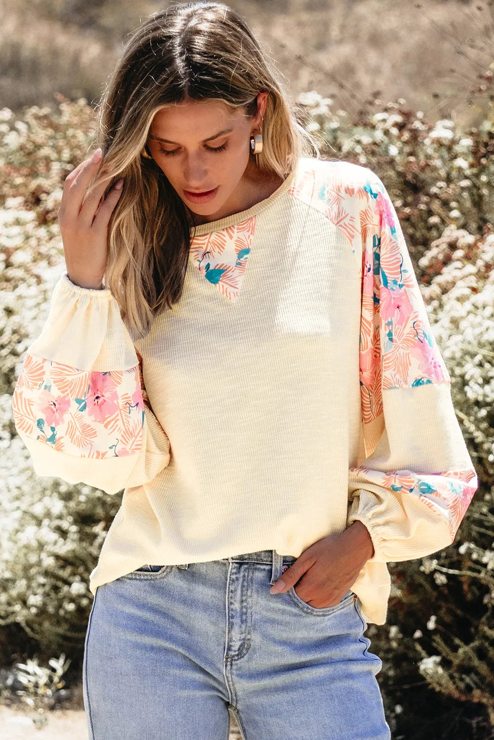 Printed Round Neck Balloon Sleeve Blouse Blouse Trendsi   