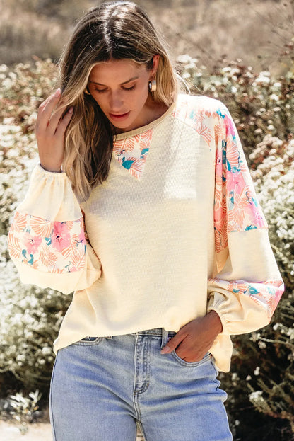 Printed Round Neck Balloon Sleeve Blouse Blouse Trendsi   