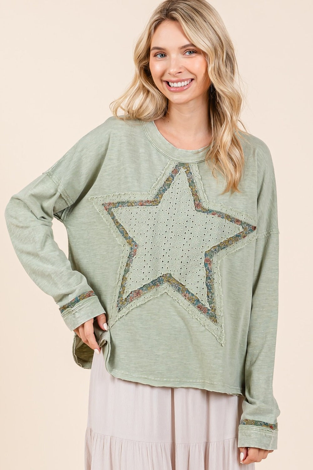 Mittoshop Mineral Wash Star Patch Long Sleeve T-Shirt  Trendsi   