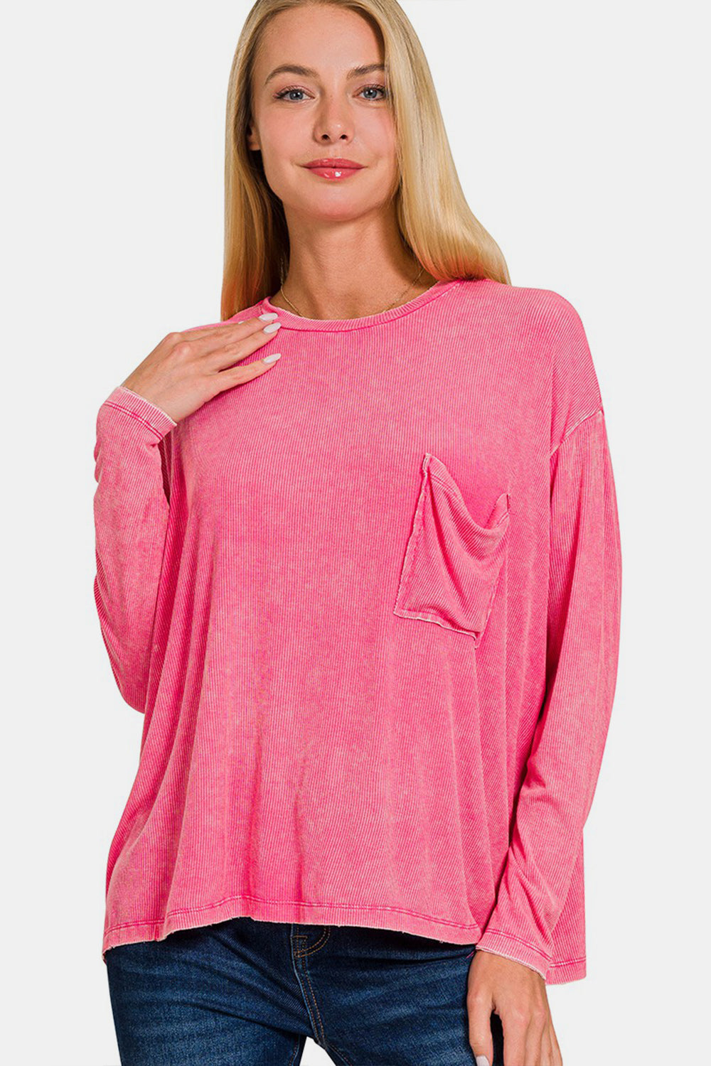 Zenana Round Neck Long Sleeve T-Shirt  Trendsi FUCHSIA S/M 