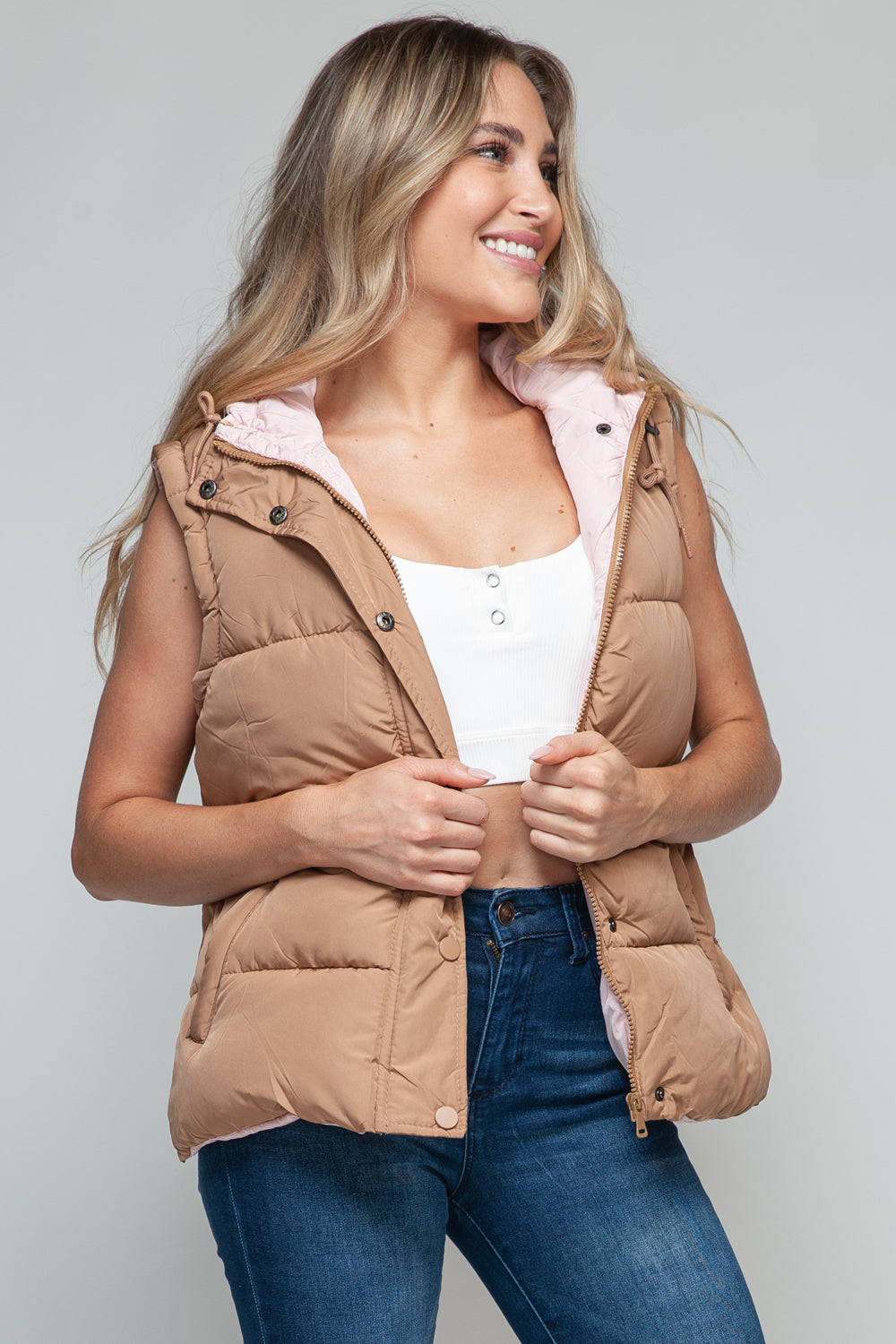 Snobbish Snap and Zip Closure Hooded Vest  Trendsi   